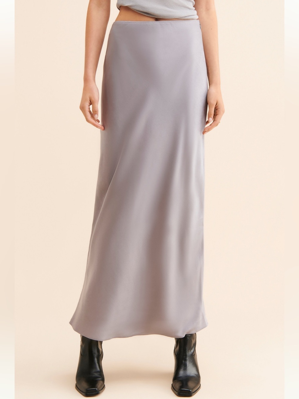 Gray Satin Maxi Skirt - Sleek Bias Cut